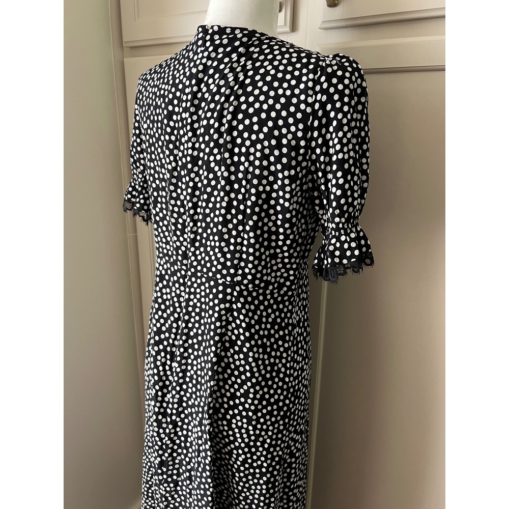 Talbots Polka Dot Lace Trim Midi Dress Black White V-Neck Short Sleeve NWT Sz 2 - Picture 11 of 15